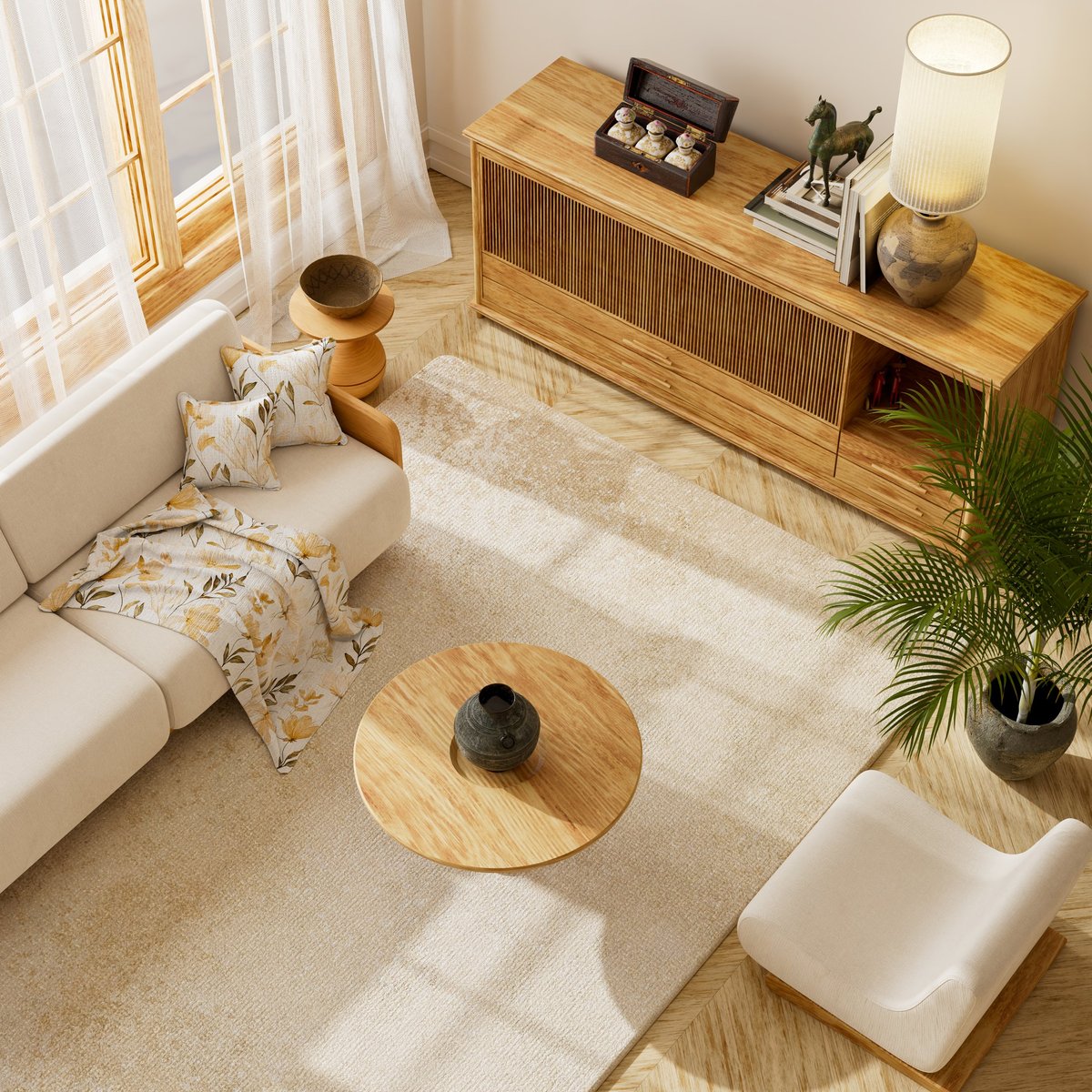 Japandi living room interior with soft beige sofa, wooden coffee table, indoor plant, warm light and minimal decor. 3D illustration