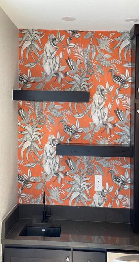 Orange wallpaper with botanical and animal illustrations featuring bird skulls, ferns, and leaves, with black shelving mounted on wall