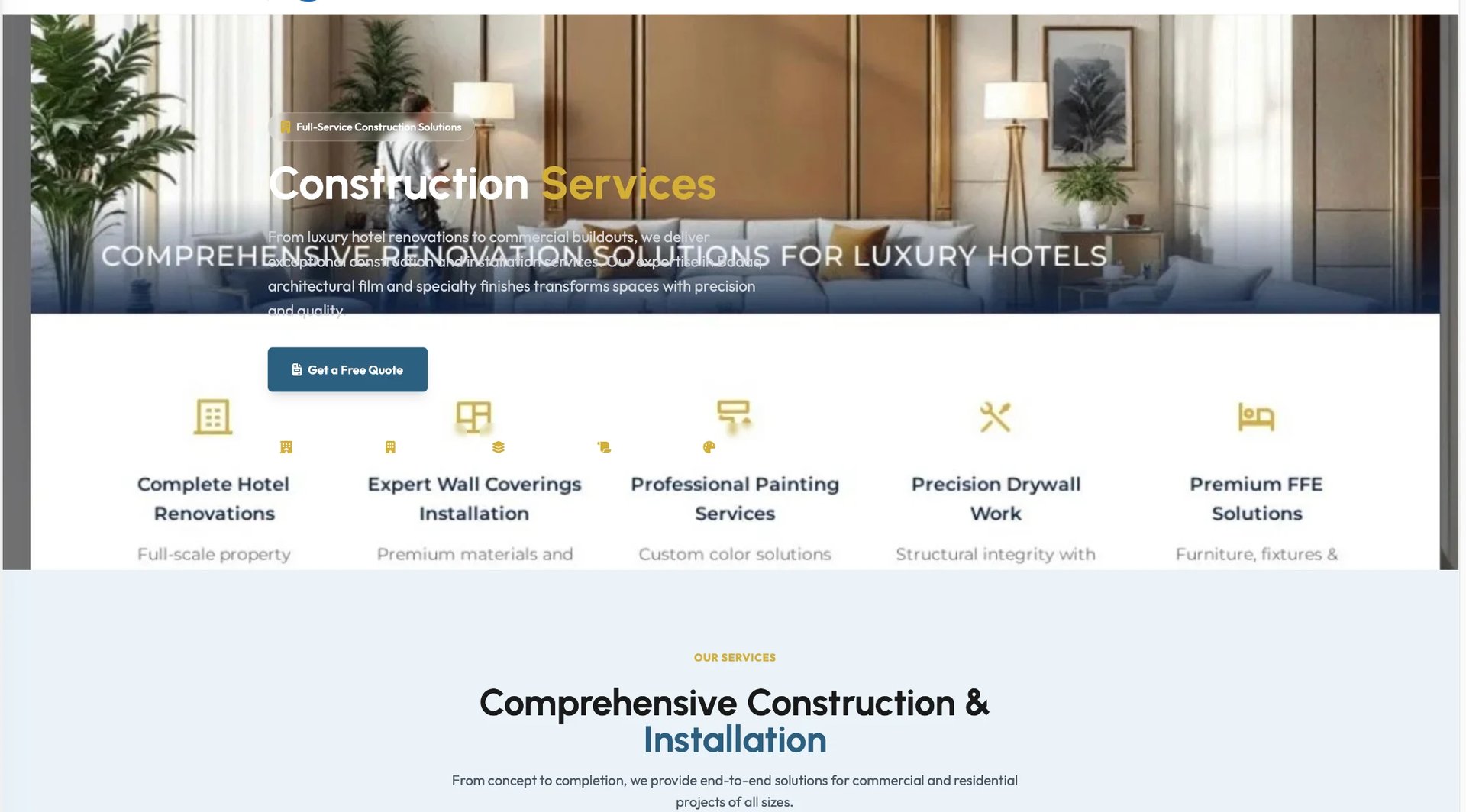 Construction Services website header showcasing luxury hotel renovation solutions with service icons and elegant interior design background
