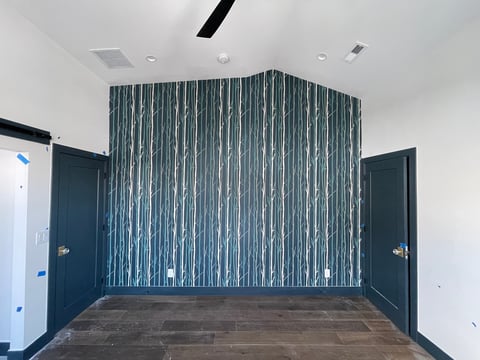 Modern interior room with teal striped accent wall, dark wooden flooring, white ceiling, and two dark blue doors on either side