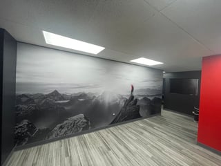 Modern office space with large black and white mountain landscape mural on wall, red accent panel, and fluorescent ceiling lights