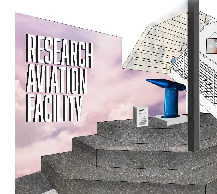 Modern collage showing concrete steps leading to a pink sky with Research Aviation Facility text, featuring a blue sculpture and architectural elements