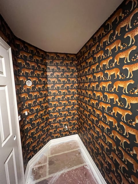 Corner of a room with black walls covered in repeating gold and orange animal silhouettes, white door and ceiling visible