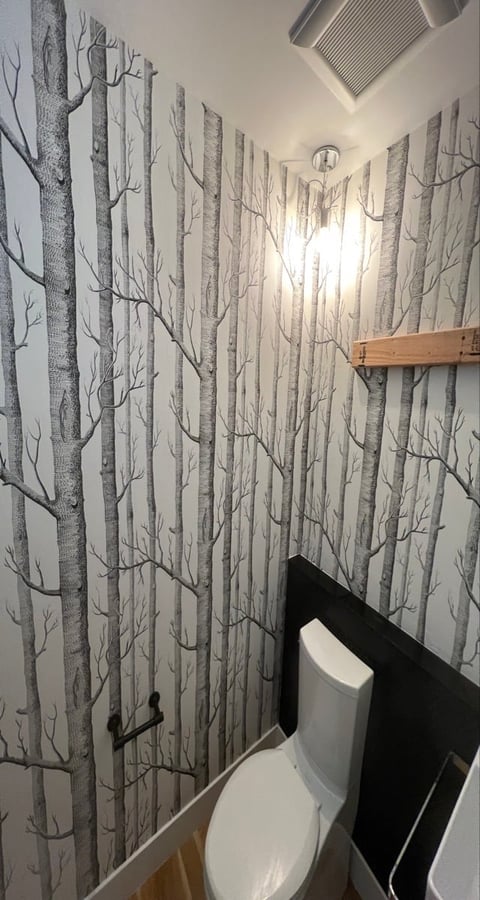 Modern bathroom with birch tree wallpaper covering walls, white toilet with black seat, ceiling vent, and wooden towel rack