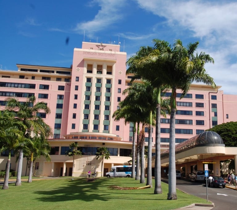 Pink and blue mid-century hotel building with palm trees in front and manicured lawn under blue sky
